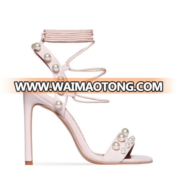 china Lace Up Pearl Detail high heels women In Nude Patent shoes ladies