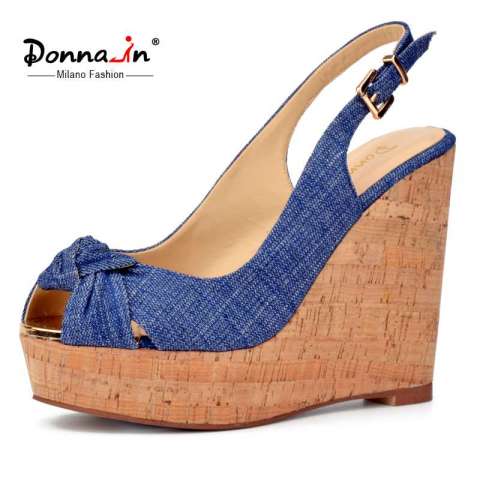 2017 Casual Lady Denim High Heels Women Cork Wedge Sandals